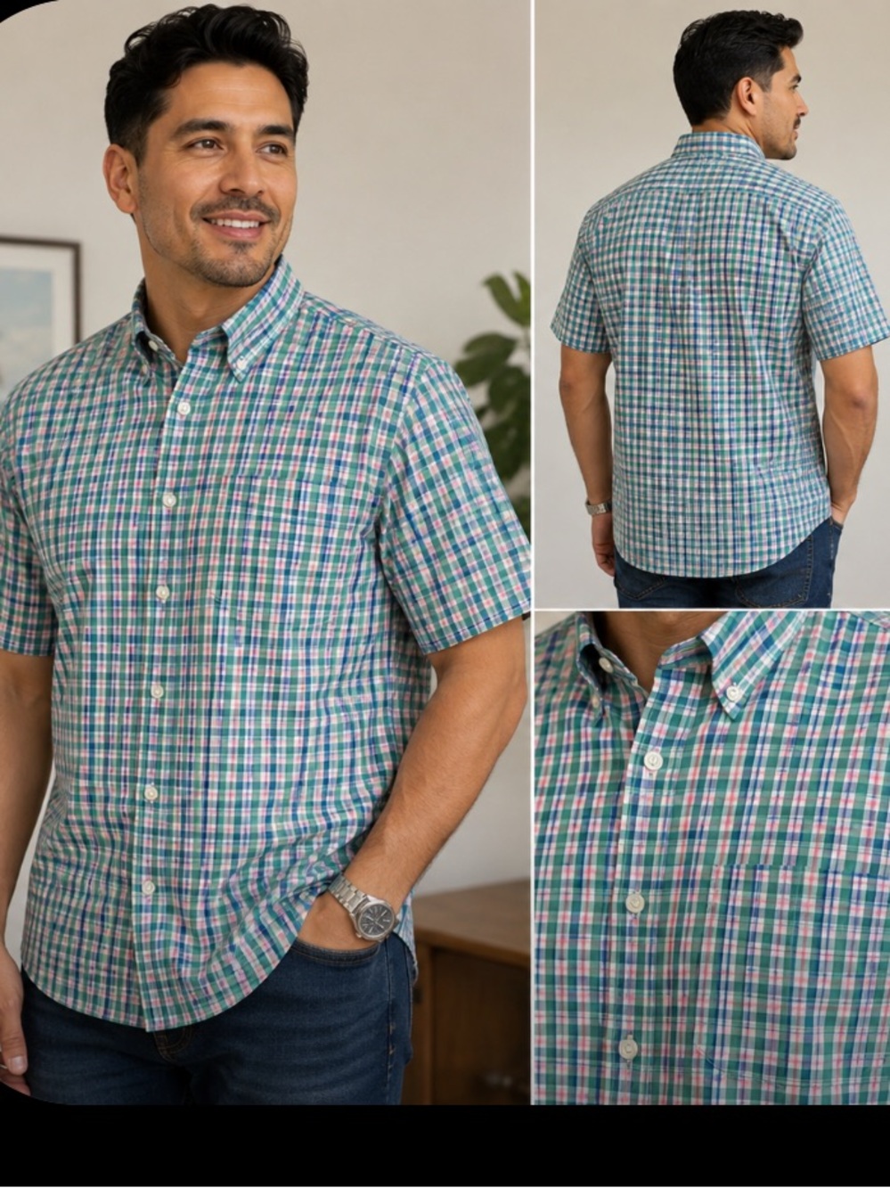 Men’s Medium Croft & Barrow Green and Blue Plaid Short-Sleeve Button-Down Shirt